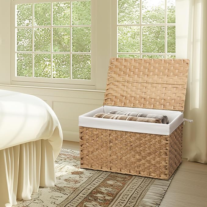 Wicker Storage Basket with Lid, 27.7 Gallon (105L) Large Blanket Basket with Lid, Woven Storage Bin with Handles, Removable Liner, Metal Frame, Foldable, for Bedroom, Laundry Room, Natural - Image 6