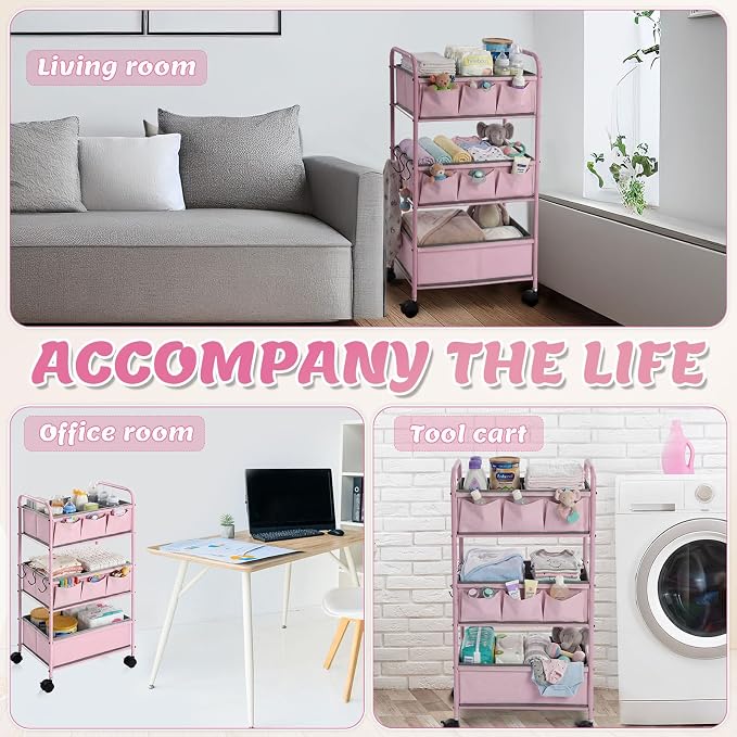WILLBOND 3 Tier Pink Baby Diaper Caddy Organizer Cart with 4+3 Dividers Large Capacity Metal Utility Bedside Rolling Cart Newborn Registry Nursery Essential Must Have Crib Bedroom Baby Shower - Image 5