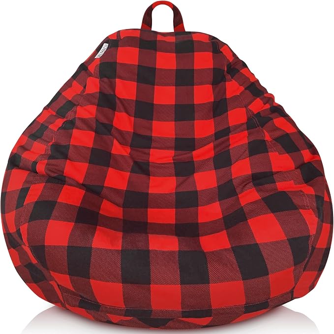 Bean Bag Stuffed Animal Storage Chair Cover (No Filler) for Kids and Adults, Soft Premium Buffalo Check Plaid Cotton Canvas, 3ft (Cover Only) by Delmach