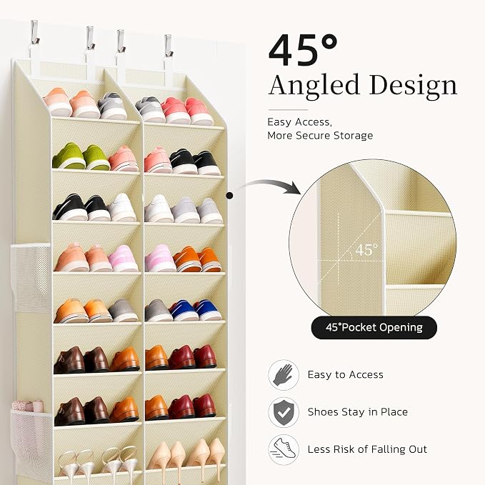 Over the Door Shoe Organizer, 20-30 Pairs Heavy-Duty Hanging Shoe Storage with Large Pockets, 10-Tier Door Shoe Rack with 4 Hooks for Sneakers Sandals Heels Boots (Beige) - Image 5