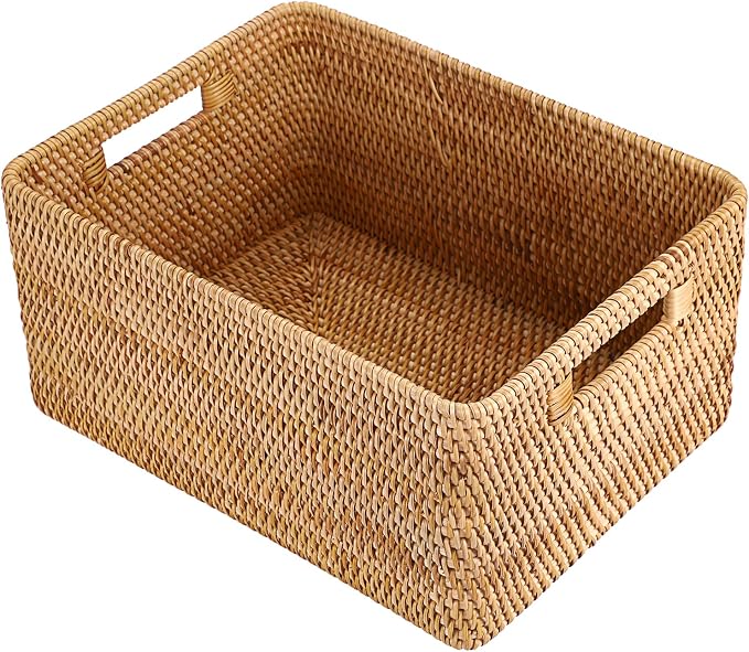 Hipiwe Rattan Wicker Storage Basket for Shelf Organizer, Large 15"x11"x7.1" | Handwoven Decorative Basket Bin with Build-in Handles, Natural Rectanguar Wardrobe Home Organizer - Image 9