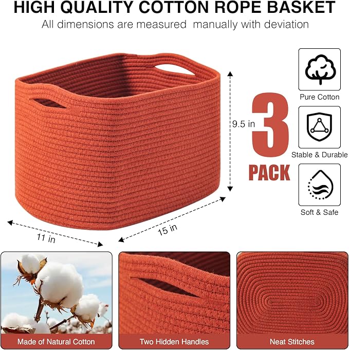 ICERZCZ Storage Baskets for Organizing, Storage Basket for Shelves, Toy Towel Basket for Bathroom Nursery, Woven Cotton Rope Baskets for Decor, 15"x11"x9.5", 3 Packs, Brick Red - Image 3
