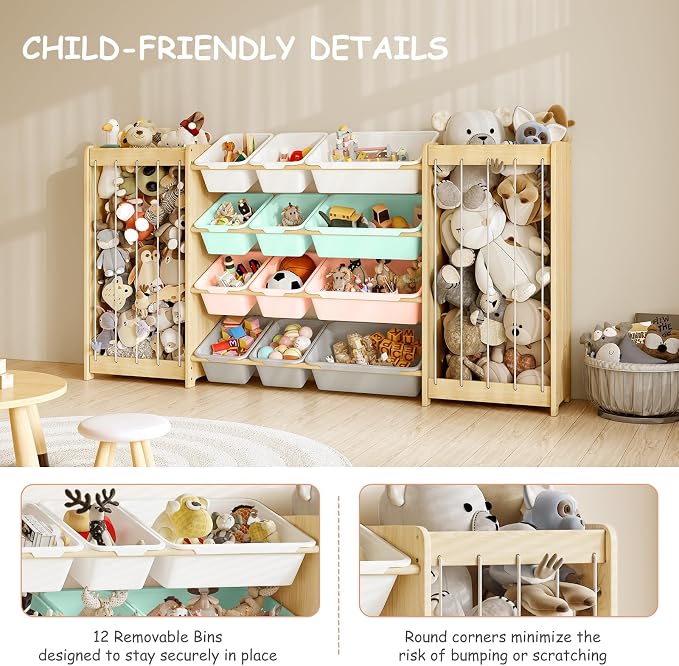 EXPERLAM Large Toy Storage Organizer, Wooden Stuffed Animal Storage & 12-Bins Toy Organizer, Double-Sided Plush Toy Holder Featuring Thicker Ropes, Space Save Playroom Bedroom Nursery Storage, Multi - Image 3