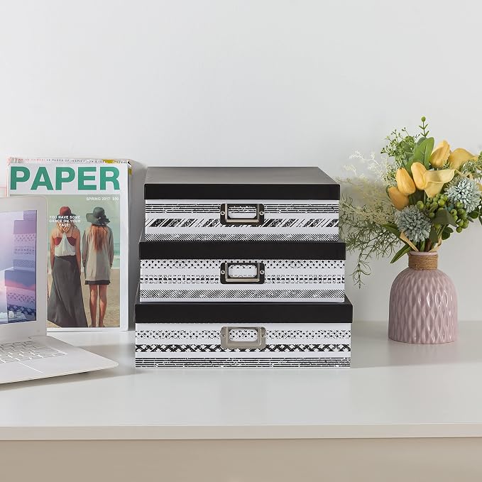 SLPR - Nesting Black and White Storage Boxes with Lids, Set of 3 | Cardboard Document Box Set for Scrapbooks, Keepsakes and Memories, Large Decorative Photo Organizers for Home Decor - Image 2