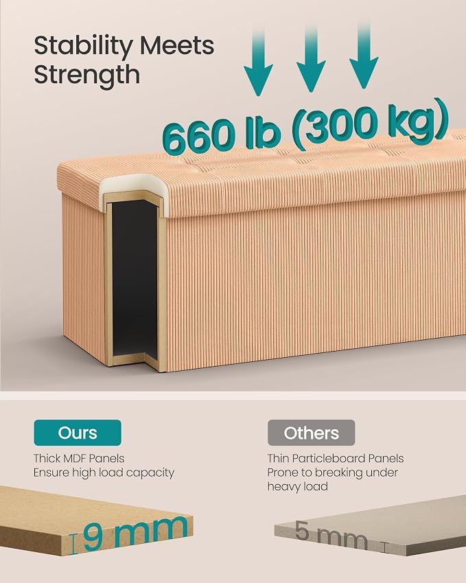 SONGMICS MAZIE Collection - Storage Ottoman Bench, Foldable Foot Rest, 15 x 43 x 15 Inches, End of Bed Bench, Storage Chest, Load 660 lb, Living Room, Bedroom, Entryway, Apricot ULSF604O01 - Image 5