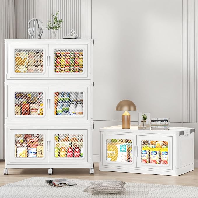 BROVIEW 880 Qt/220 Gal Stackable Storage Bins with Lids, 4 Pack, White | Large Stackable Storage Boxes w/ 4 Lid Folding Plastic Cart Organizer for Home Kitchen, Open Front Clear Door with Wheels by BROVIEW-EnjoytheArtofLife