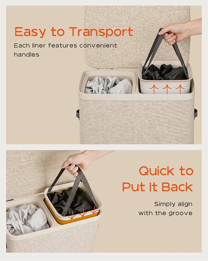 CASAMAYA Laundry Basket with Lid, Laundry Hamper 2 Section, 170L collapsible Laundry Organizer, Easy Assembly, with Handles and Removable Liners, 22 x 15.7 x 29.5 Inches, Beige JSP903M - Image 4