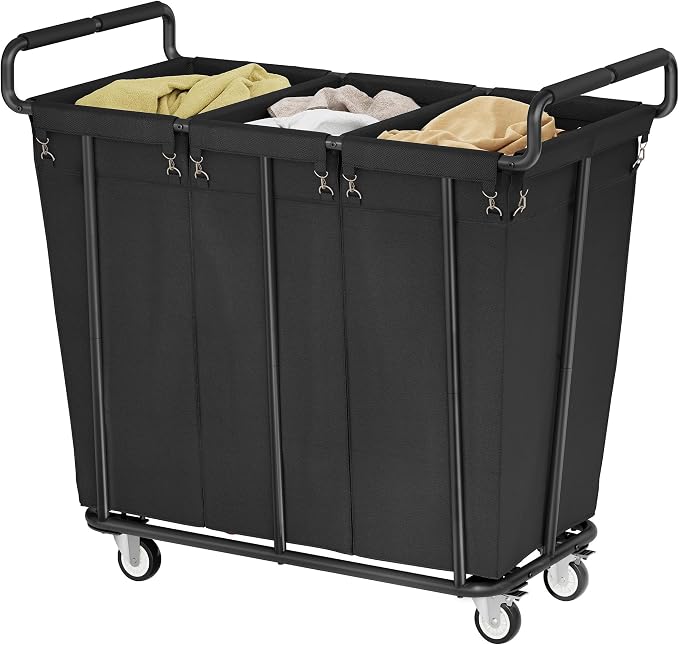 Gewudraw 3 Section Heavy Duty Laundry Sorter Cart with Wheels, 360L, Black | Rolling Laundry Hamper Sorter Cart, Extra Large Laundry Clothes Hamper, Laundry Basket Organizer for Bathroom, Bedroom, Hotel by Gewudraw