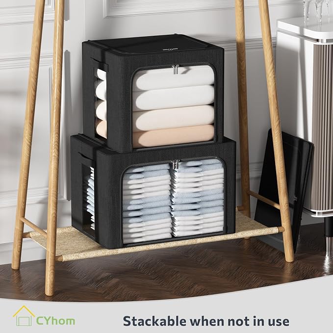 CYhom 3Pack Foldable Storage Bins - Frame Storage Box Linen Fabric Stackable Clothes Container Organizer with Clear Window & Carry Handles Large Capacity (Small-22L, Black) - Image 8