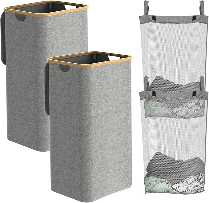 Laundry Basket with lid, Collapsible Laundry Hamper with Bamboo Handle, Dirty Clothes Hampers with Removable Laundry Bag for Clothes Toys Towels (Grey, 100L 2 Pack) by Homiviv
