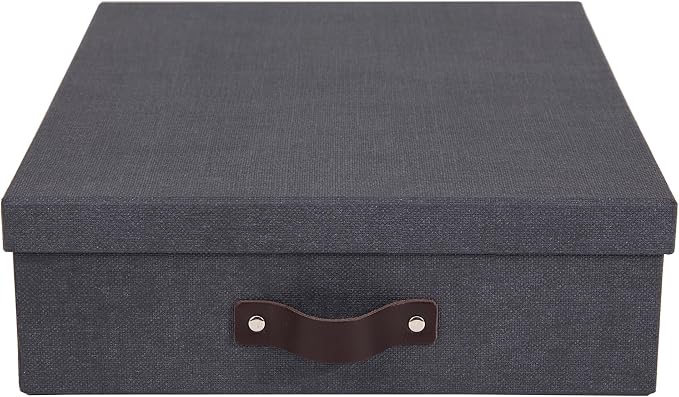 Bigso Oskar Canvas Fiberboard Document Letter Box for Important Paperwork A4 or Letter Size - Durable Keepsake Box with Lid and Leather Handle - 3.3in x 10.2in x 13.8in - Black - Image 2