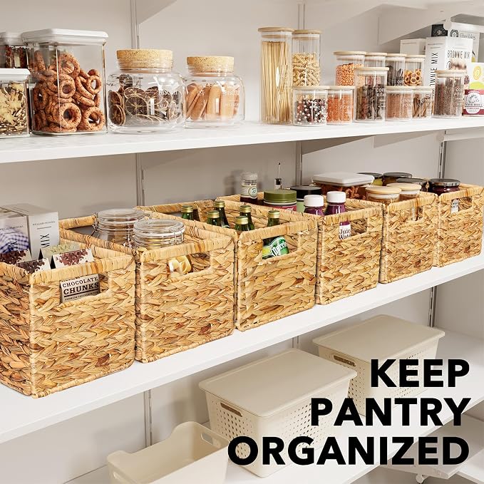 SpaceAid 6 Pack Wicker Basket, Storage Baskets for Organizing, Woven Rattan Basket with Handles for Shelves, Water Hyacinth Large Cube Organizer Storage Bin, 13x8.2x7 inch, Natural - Image 5