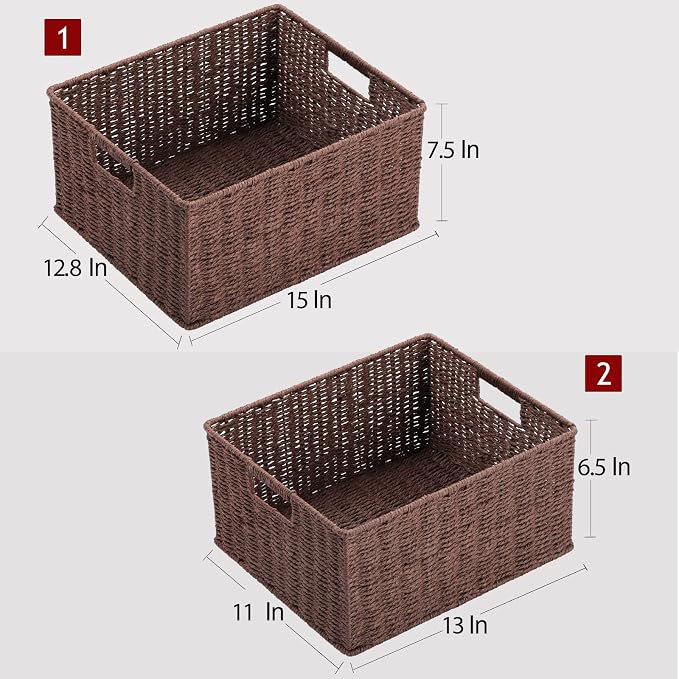 HOONEX Large Woven Storage Baskets, Paper Rope With Sturdy Metal Wire Frame, for Shelves, Set of 2, Dark Brown - Image 4