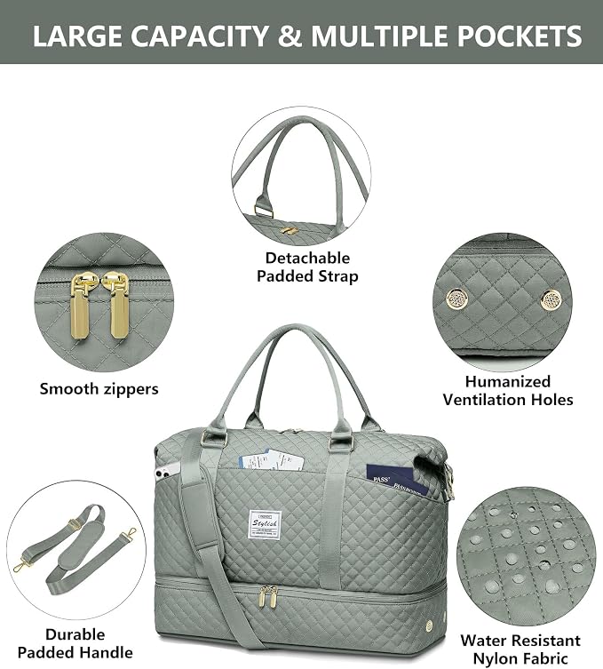 Weekender Bags for Women Duffle Bag - Travel Duffel Bag with Shoe Compartmen Carry on Overnight Bag with Toiletry Bag Gym Tote Bag with Wet Pocket Hospital Bags for Labor and Delivery Green - Image 6