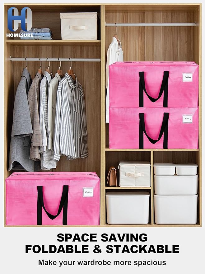 HOMESURE Supports 200lbs Heavy Duty Moving Bags - Strong Zipper & Wrap-Around Handles - Water-Resistant Storage Totes, Durable Alternative to Moving Boxes - 12 Pack - Pink - Image 6