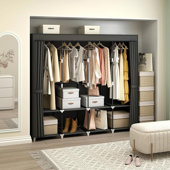 67" Portable Wardrobe Closet for Hanging Clothes Large Capacity for Bedroom | Non-woven Fabric Cover, 4 Clothes Hanging Rods, 8 Storage Shelves, Black - Image 3