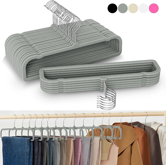 50 Pack Velvet Hangers Non Slip, Felt Pants Hangers Thin Space Saving | Clothes Hanger Flocked Strong Durable Ganchos Para Colgar Ropa with 360°Swivel Hook for Pants Jeans Shorts Tank Top Grey - Image 2
