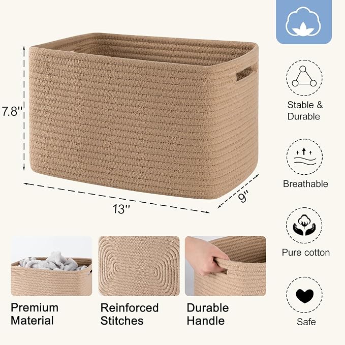4 Pack Storage Baskets for Organizing, Woven Baskets for Shelves - Perfect for Toys, Books, Towels, and Clothes, Durable Gift Basket Bins Toy Storage, 12.7''L x9''W x7.8''H, Jute - Image 3