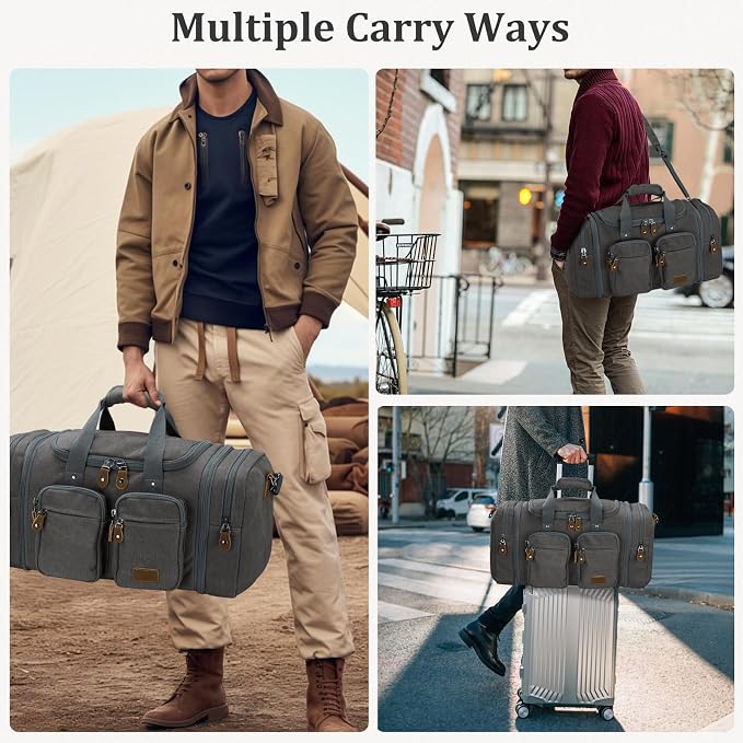Gonex Duffle Bag for Travel, Expandable 60L Overnight Weekender Gym Bag | Water-Resistant Canvas, Wet-Dry Pocket, Luggage Sleeve, Carry-On Size, Detachable Strap, Grey - Image 7