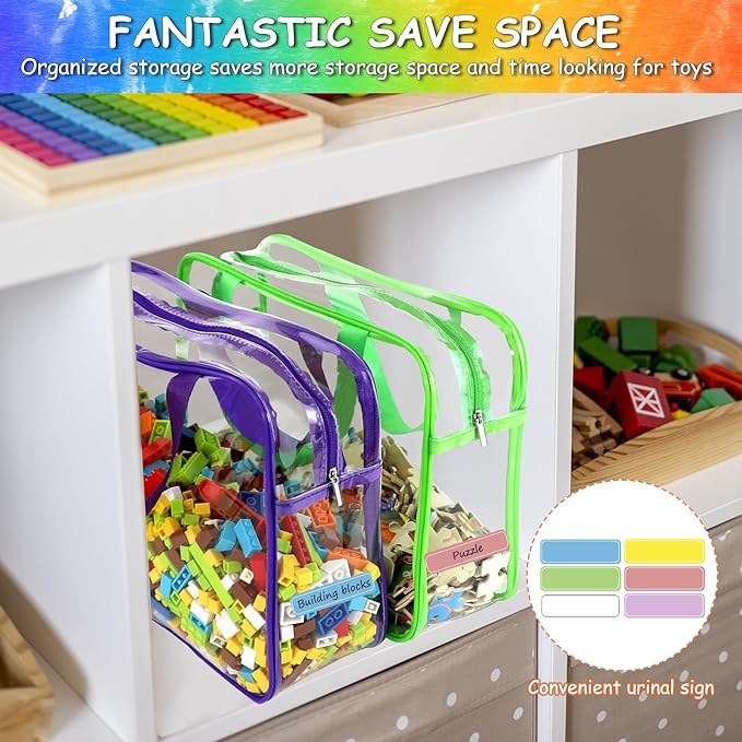 6 Packs Large Toy Storage Bags with Labels, Reusable Clear PVC Board Game Storage, Travel Waterproof Organizer Bags with Zipper for Building Blocks, Puzzle, Kids Books（6 Colors） - Image 6
