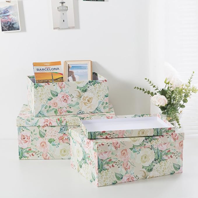 Soul & Lane - Blooming Rose Decorative Storage Boxes with Lids, Set of 3 | Large Nesting Cardboard Keepsake Boxes for Photos and Memories, Floral Photo Storage Containers for Home Decor - Image 8