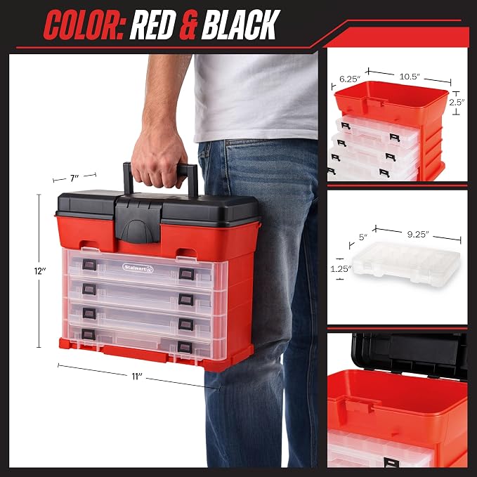 Small Parts Organizer Box - 11-Inch Portable Storage Case with 4 Removable Multi-Compartment Trays for Screws, Beads, Small Fishing Tackle, Hardware, and Craft Supplies by Stalwart (Red) - Image 2