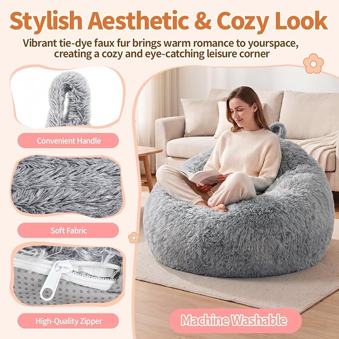 Stuffed Animal Storage Bean Bag Chair Cover, Soft Bean Bag Cover | Fluffy Faux Fur Stuffed Animal Storage Chair, Non-Slip Bottom, Fill with Plush Toys or Blankets, for Adults Teens Kids Girls - Image 5