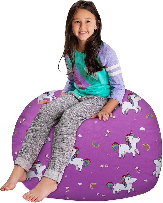 Posh Creations Kids Stuffed Animal Storage Bean Bag Chair Cover - Childrens Toy Organizer, Large-38in, Canvas Unicorn and Rainbows on Purple - Image 4