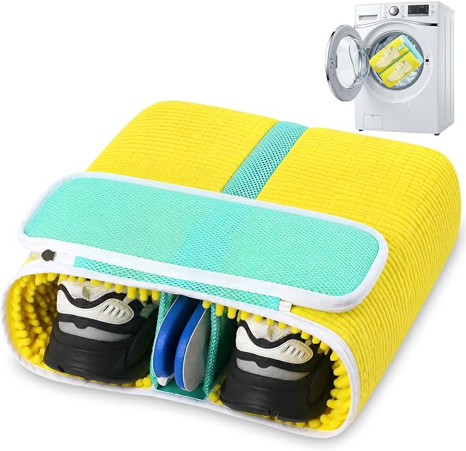 Shoe Washing Machine Bag for Sneaker Cleaning Laundry Shoe Bag, Yellow | Dual Compartment, Full Protection, Clasp-Lock Zipper, Dense Chenille, Bound Edge & Seams by TadpoleJump