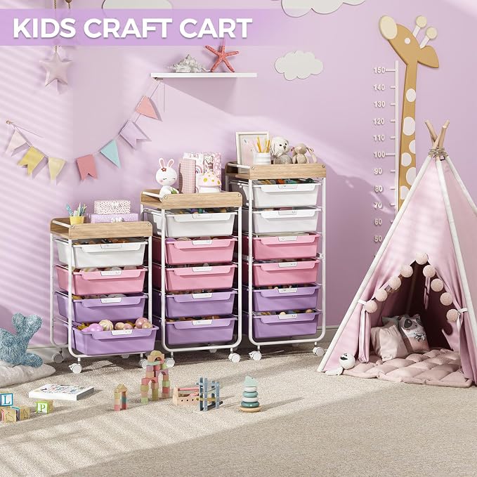 SYKIARIOL Rolling Storage Utility Cart with 4 Drawers,Art Cart,Purple | Kids Craft Cart,Makeup Organizer and Storage with Wooden Tabletop - Image 5