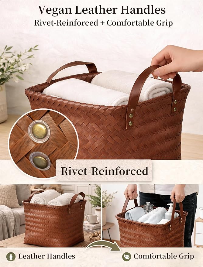 Wicker Storage Baskets, 4 Pack Woven Baskets for Shelves, Brown | PP Rattan, Water-resistant Wicker Basket, Large Baskets with Faux Leather Handles for Blanket, Laundry Organizer, Room Decor - Image 6