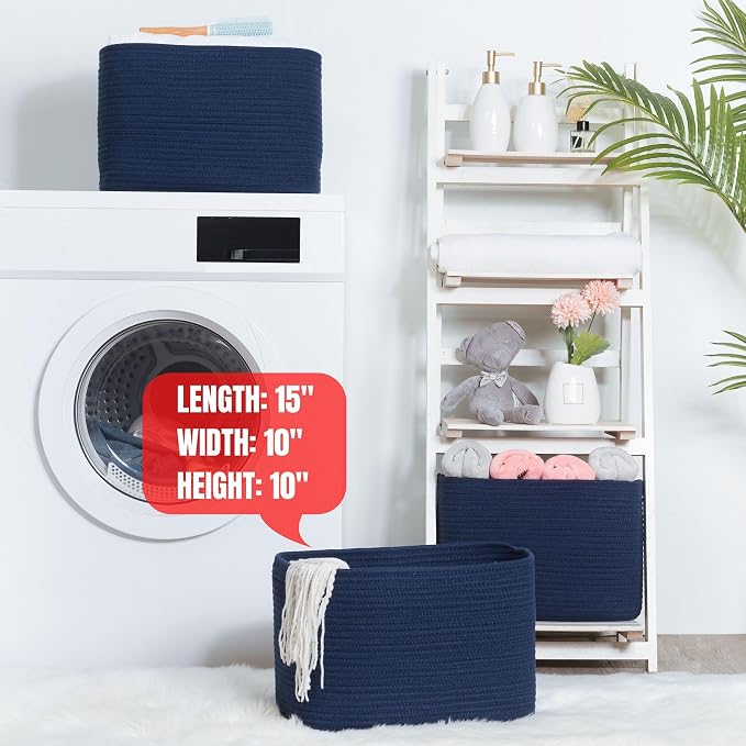 3-Pack Decorative Woven Storage Baskets for Shelves, Cube Bin Box for Organizing Books, Shoes, Dog Toys, Pantry Closet and Living Room Organizer, Navy Blue - Image 6