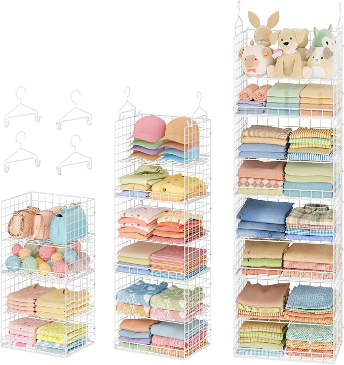 8 Tier Extended Width Hanging Closet Organizer, Sweater Storage for Closet Organizer System, Stackable Wire Basket Bins for Clothes Purse Shoes, Hanging Shelves with 4 Hooks & 4 Dividers Adjustable by Yuyetuyo