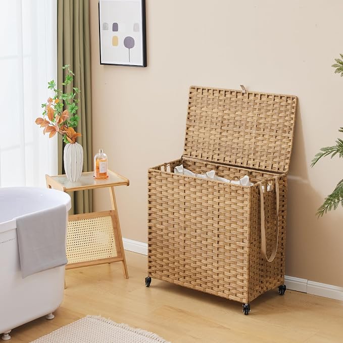 Laundry Hamper with Wheels, 39.6 Gallon(150L) Rolling Laundry Basket with Lid, 3-Section Rattan Clothes Hamper with 3 Removable Liner & 3 Mesh Bags, Laundry Sorter with Side Pocket, Natural - Image 3