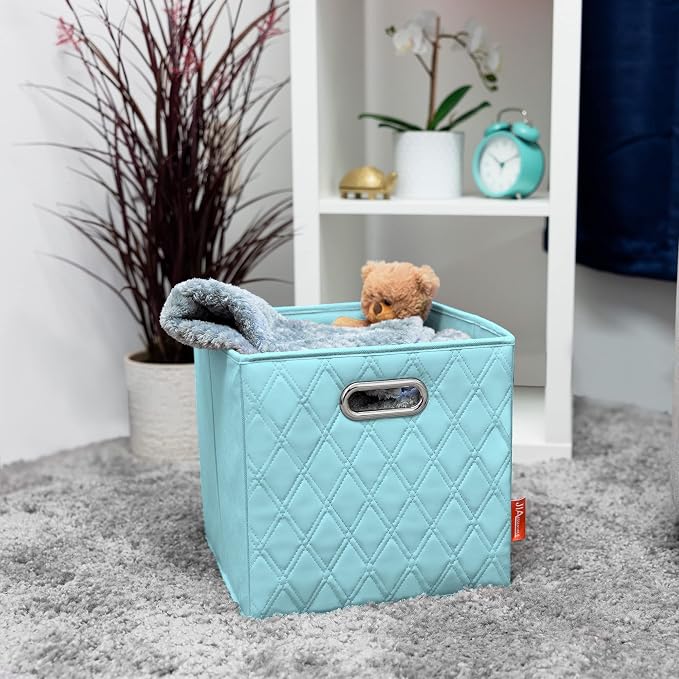Small 11-inch Blue Foldable Diamond Patterned Faux Leather Storage Cube Bins Set of Four with Handles with Dual Handles for living room, bedroom and office storage - Image 3
