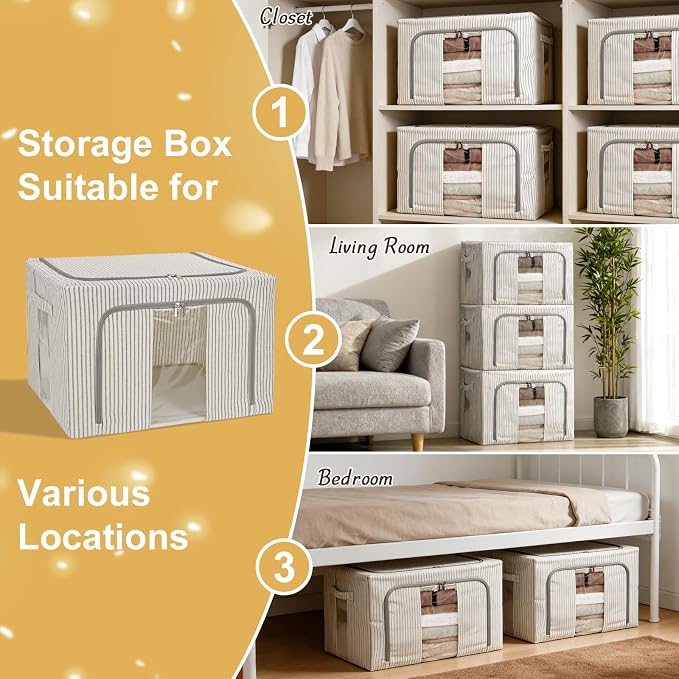 3 Pack Clothes Storage Bins with Metal Frame,Foldable Storage Bin with Lid for Clothes,Stackable Cotton Linen Fabric Organizer Set with Carrying Handles and Clear Window(Grey White Stripe, 66L) - Image 5