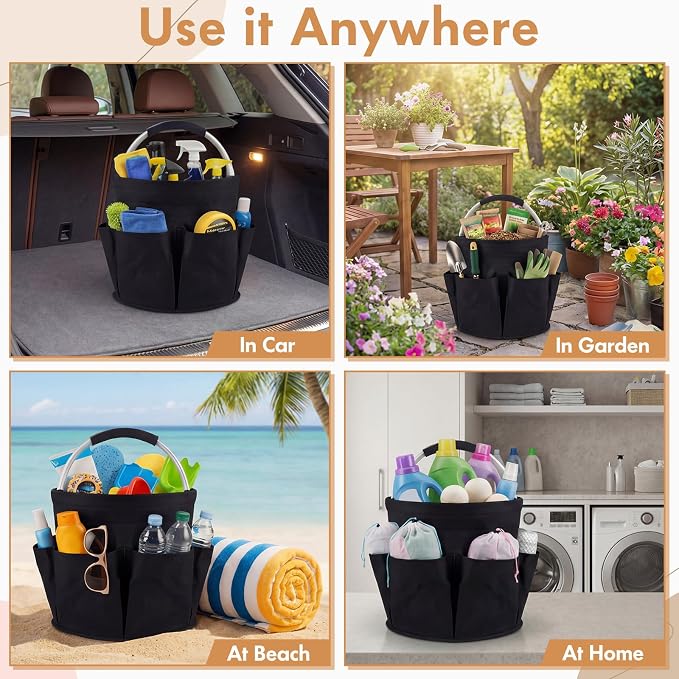 LemonRoad 4 Pack Cleaning Caddy with Handle 17L Foldable Cleaning Supplies Organizer Oxford Cloth Storage Basket with 6 Pockets & Soft Grip Portable Multi Bucket Bag for Home, Garden (Black) - Image 6