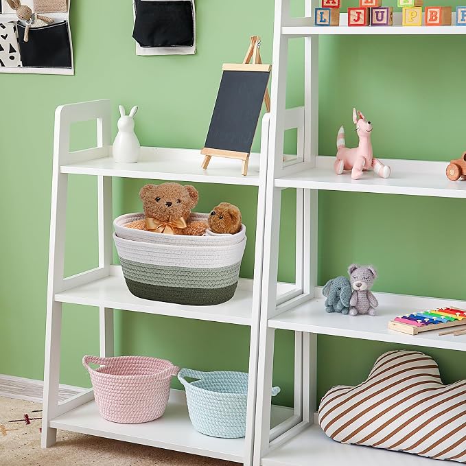 Sawysine 6 Pcs Storage Baskets Bulk for Organizing Cotton Rope Woven Basket with Handles for Gift Cloth Shelves Blanket Toys Living Room(Green and White) - Image 4