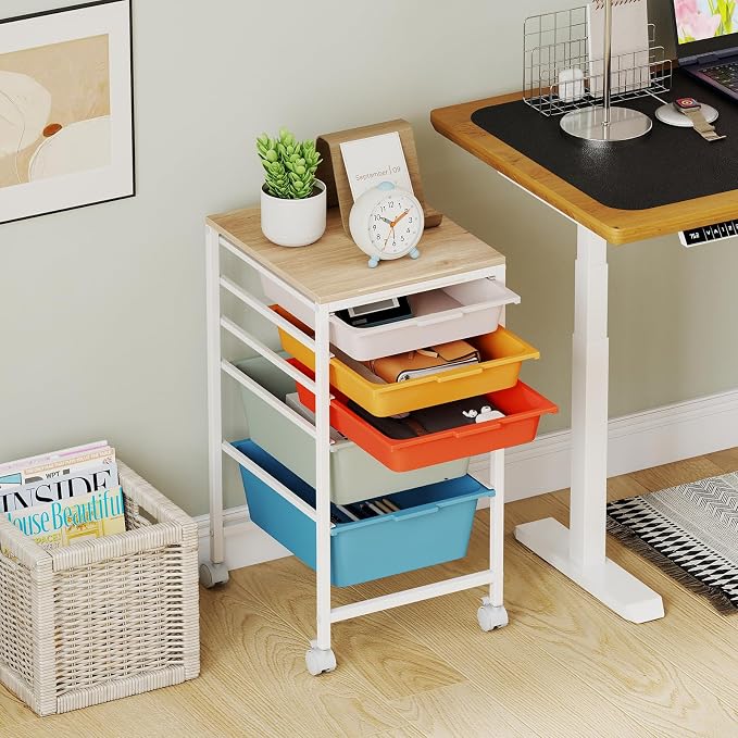 Rolling Storage Cart with 5 Drawers, Plastic Craft Organizer on Wheels with Wooden Top, Mobile Art Supply Utility Cart for Classroom, Home, Office - Image 8