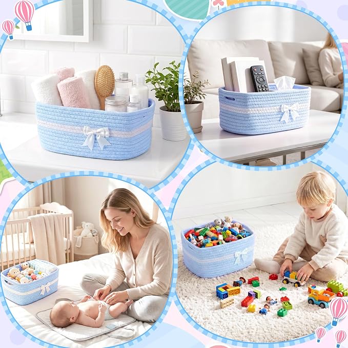 10 Pack Empty Gift Baskets, 12x8x5 Small Blue Woven Cotton Rope Baskets with Gift Bags & Ribbons, Decorative Baby Shower Hamper, Nursery Storage Basket with Handles for Shelves - Image 8