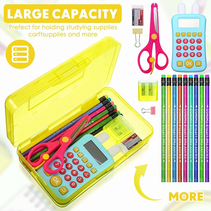 Fainne 24 Pack Clear Plastic Pencil Box,Yellow | Stackable Organizer for School Supplies, Large Case for Crayons Markers, Snap-lid Keeps Stationery Secure, Bulk Set - Image 3