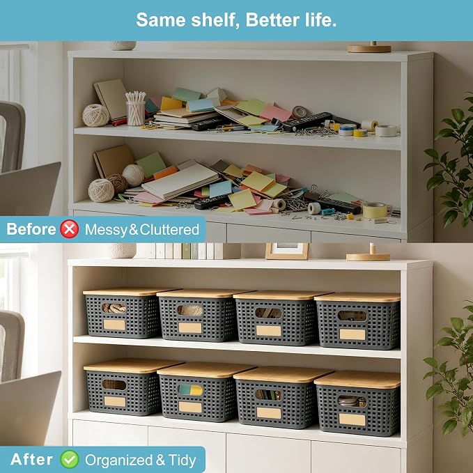 Small Plastic Storage Bins with Bamboo Lids 5.2qt Stackable Box Basket Pantry Decorative Containers Cute with Lable for Organizing Desktop Closet Office Gray of 6 packs 10 * 7.2 * 4.1" - Image 7