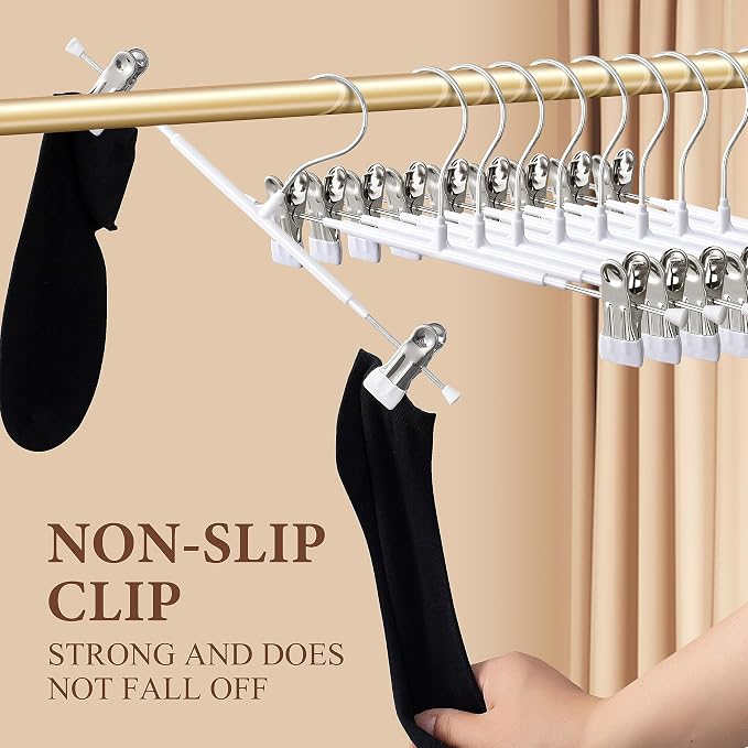 Pants Hangers with Clips Skirt Hangers 12 Inch 10 Pack, White | Non-Slip,Adjustable metal clips,Space-Saving,Heavy duty, for pants/skirt/dress/trousers/jeans/shorts/Clothes,Women,men - Image 2