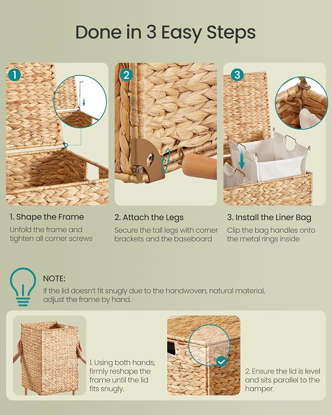 SONGMICS Laundry Hamper With Lid, 95 L Wicker Handwoven Water Hyacinth | Wicker Laundry Basket , Natural Material, Removable Machine Washable Liners, Natural ELIOTT Collection ULCB201Y01 - Image 7