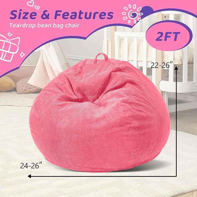 2FT Bean Bag Chair: 2' Small Bean Bags with Memory Foam Filled | Beanbag Chairs with Handle,Teardrop Bean Bag Sofa with Corduroy Machine Washable Cover for Living Room,Bedroom-Pink - Image 2
