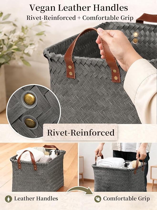Wicker Storage Baskets, 4 Pack Woven Baskets for Shelves, Grey | PP Rattan, Water-resistant Wicker Basket, Large Baskets with Faux Leather Handles for Blanket, Laundry Organizer, Room Decor - Image 6