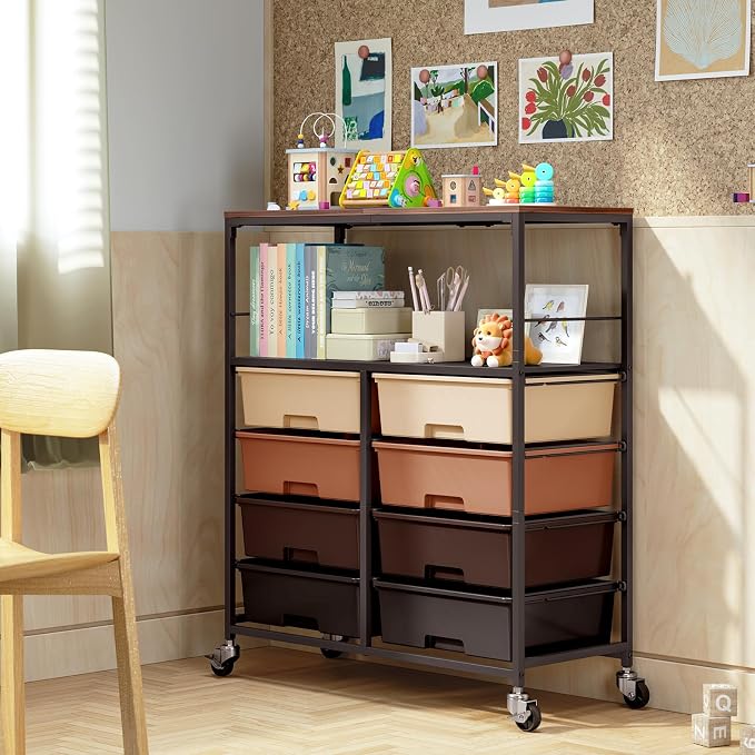 Rolling Storage Cart with 8 Large Drawers, Wooden Tabletop | Open Storage Shelves, Mobile Craft Organizer with Lockable Wheels for Home, Classroom, Office Supplies & Art Studio,Brown - Image 7