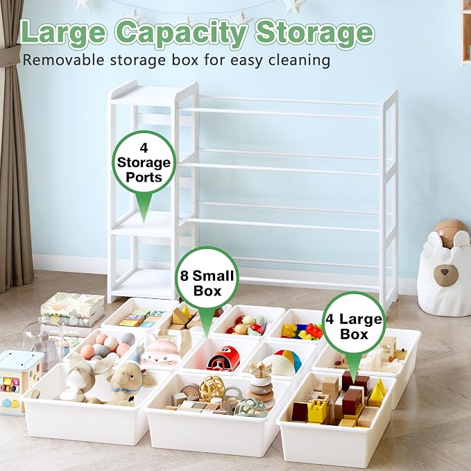 MallBest Toy Storage Organizer with Bookshelf, Kids Wooden Shelf with 12 Removable Bins for Books, Toys, Playroom, Nursery, Bedroom, White, Medium - Image 8