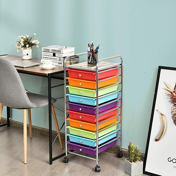 GOFLAME 10-Drawer Rolling Storage Drawer Cart, Utility Cart with Removable Drawers & Metal Frame, Mobile Art Craft Drawer Cart with Lockable Wheels for Home, Office, Studio, School, Multicolor - Image 2