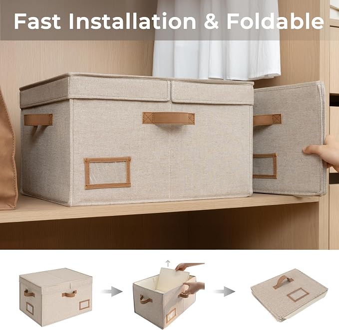 StorageWorks Large Clothes Storage Bins, Fabric Boxes with Divider Board, Baskets for Clothes, Linen Closet Organizers with Lid, Mixing of Brown & Beige, 2-Pack - Image 4